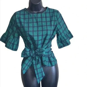 Good Luck Gem Plaid Ruffled Sleeve Blouse Size S